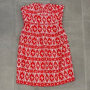 J.Crew Red & White Ikat Print Strapless Dress